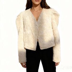 NWT $98 Express Beige Cropped Teddy Jacket XS | Y2K Structured Shoulders